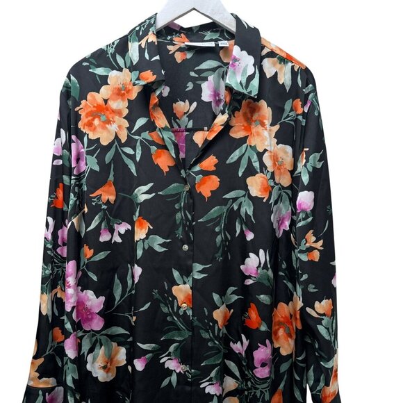 Susan Graver Satin Floral Blouse Size XL Black Long Sleeve Button up Top NWOT - Picture 4 of 12